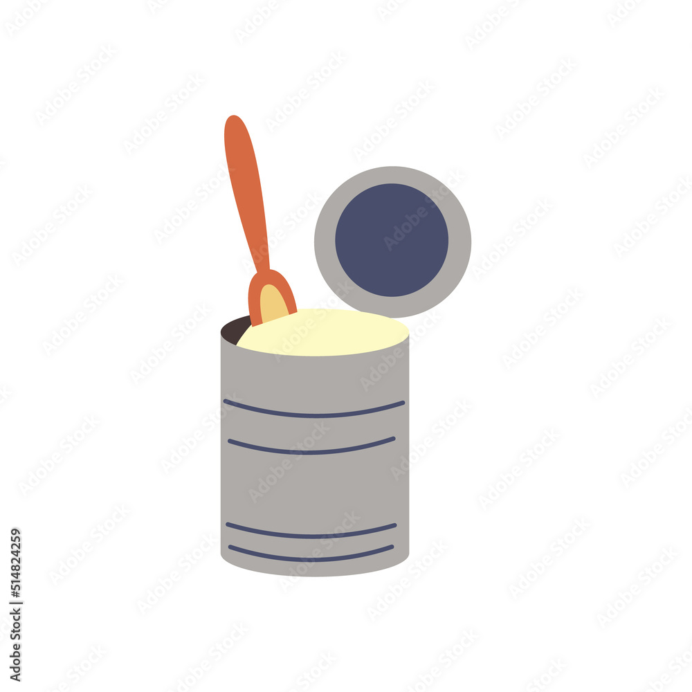 Tin can with a spoon. Camping equipment. Hiking clipart. Children design isolated element vector doodle naive art illustration Tin can with a spoon. Camping equipment. Hiking clipart. Children design isolated element vector doodle naive art illustration