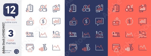 Set of Coins bag, Wallet and Currency rate line icons. Include Line chart, Check investment, Analytical chat icons. Card, Report document, Usd exchange web elements. Checklist, Diagram. Vector