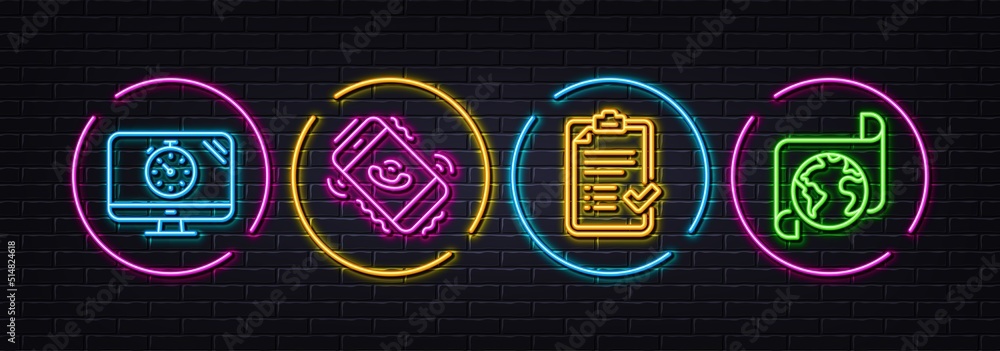 Call center, Approved checklist and Seo timer minimal line icons. Neon laser 3d lights. Translation service icons. For web, application, printing. Phone support, Accepted message, Analytics. Vector