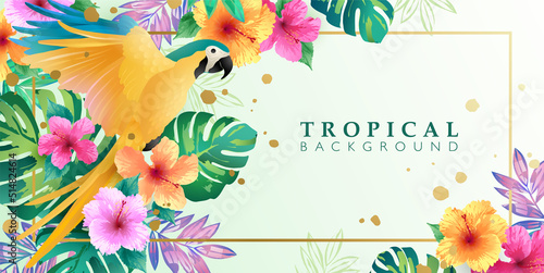 Tropical background with tropical bird, leaves, and flowers on light background. Summer banner template for fashion ads, horizontal poster and social media