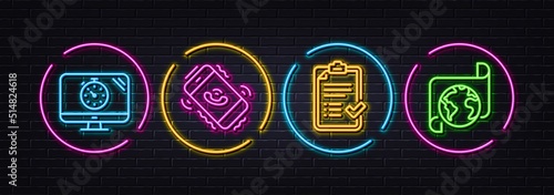 Call center, Approved checklist and Seo timer minimal line icons. Neon laser 3d lights. Translation service icons. For web, application, printing. Phone support, Accepted message, Analytics. Vector