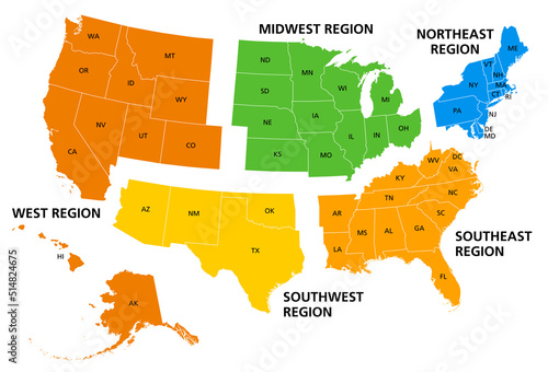 United States, geographic regions, colored political map. Five regions, according to their geographic position on the continent. Common but unofficial way of referring to regions of the United States. photo