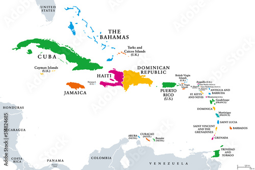 Canvas Print The Caribbean, colored political map