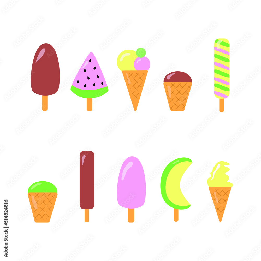 Ice cream set vector isolated. Collection of sweet cold desserts. Chocolate ice cream on a stick, ice cream in a cup, cone, watermelon and melon. Bright and fresh colors. Ice cream set vector isolated. Collection of sweet cold desserts. Chocolate ice cream on a stick, ice cream in a cup, cone, watermelon and melon. Bright and fresh colors.