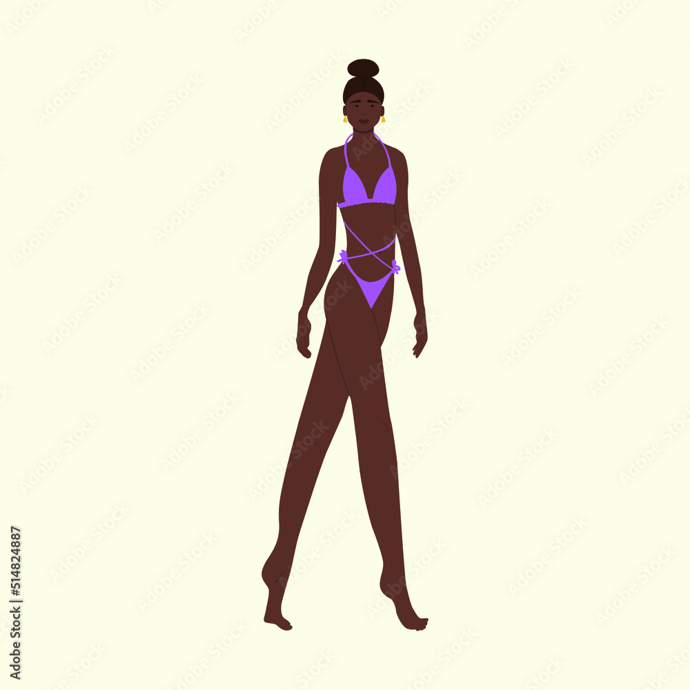 Beautiful dark-skinned girl in a bathing suit. African American woman with a model figure. Trendy girl in a swimsuit. Cool girl with a bun. Vector summer illustration. Beautiful dark-skinned girl in a bathing suit. African American woman with a model figure. Trendy girl in a swimsuit. Cool girl with a bun. Vector summer illustration.