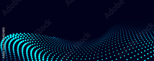 Digital wave with dots on the dark blue background. The futuristic abstract structure of network connection. Big data visualization. 3D rendering.