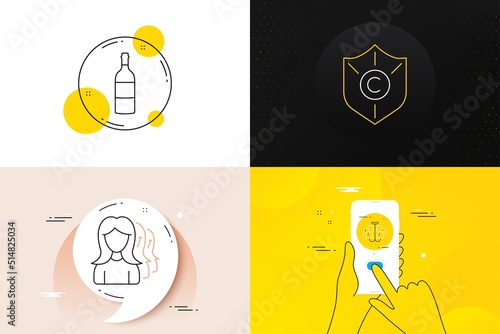 Minimal set of Wine bottle, Copyright protection and Chandelier line icons. Phone screen, Quote banners. Women headhunting icons. For web development. Cabernet sauvignon, Shield, Ceiling light. Vector