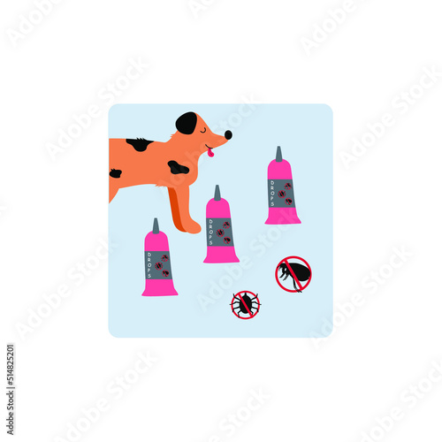 Flea and Tick Topical Solutions. Shield for dogs. Repels and kills flea and tick.Flea drops for dogs. Vector illustration of a remedy for ectoparasites.Flat illustration with white isolated background