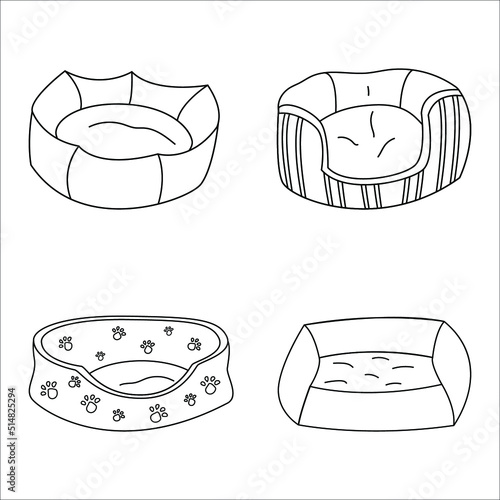 Set of beds for dogs and cats. Pet beds in contour style. Soft place for pets. Illustration for a pet shop. Vector illustration with white isolated background.