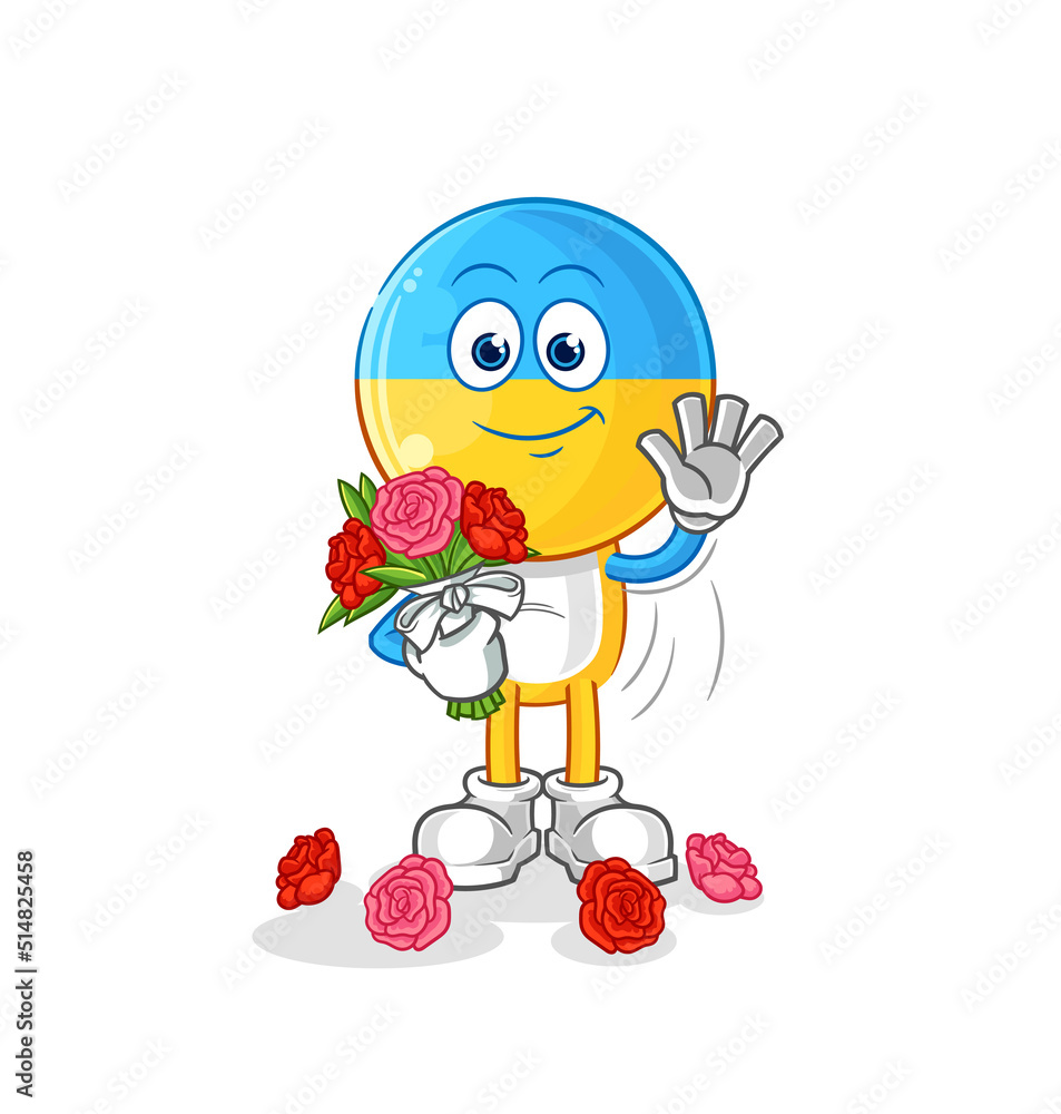 ukraine flag head with bouquet mascot. cartoon vector