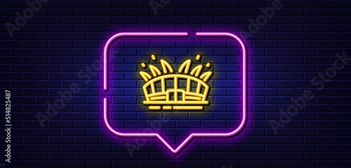 Neon light speech bubble. Arena stadium line icon. Sport complex sign. Championship building symbol. Neon light background. Arena stadium glow line. Brick wall banner. Vector