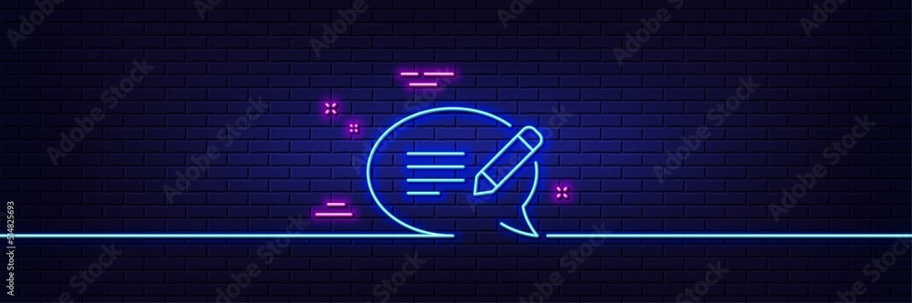 Neon light glow effect. Message chat line icon. Speech bubble sign. Feedback symbol. 3d line neon glow icon. Brick wall banner. Message outline. Vector Neon light glow effect. Message chat line icon. Speech bubble sign. Feedback symbol. 3d line neon glow icon. Brick wall banner. Message outline. Vector