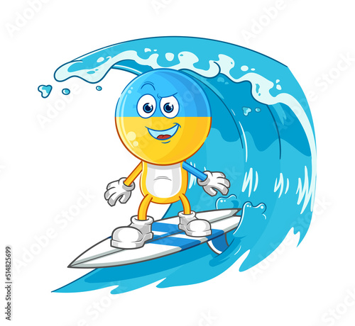 ukraine flag head surfing character. cartoon mascot vector