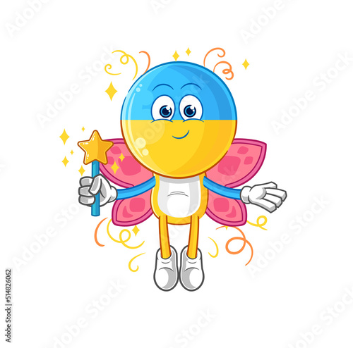 ukraine flag head fairy with wings and stick. cartoon mascot vector