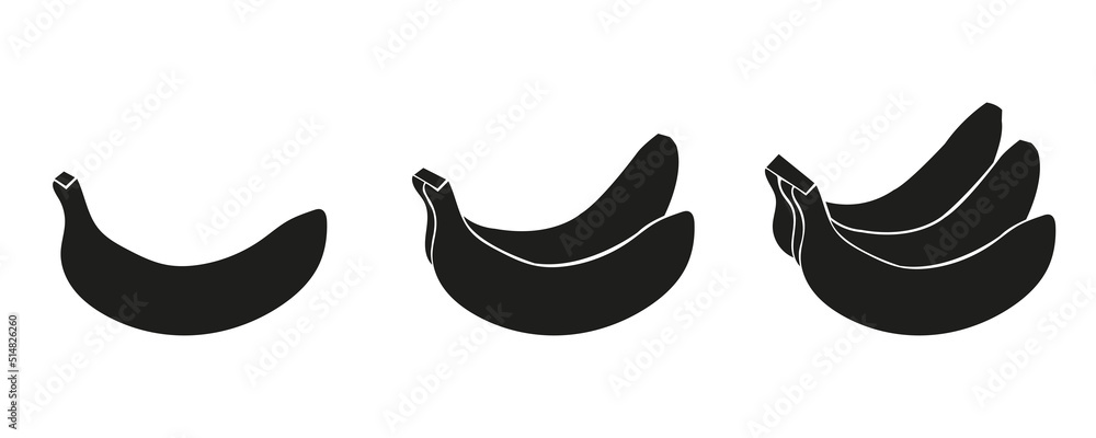 Vector Set of bananas: lone bananas, couple of bananas, a bunch of bananas - black icons on white background images.