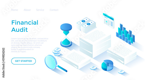 Financial audit and business analysis concept. Documents with charts, magnifying glass, calendar, money, coins, hourglass. Isometric illustration. Landing page template for web on white background.