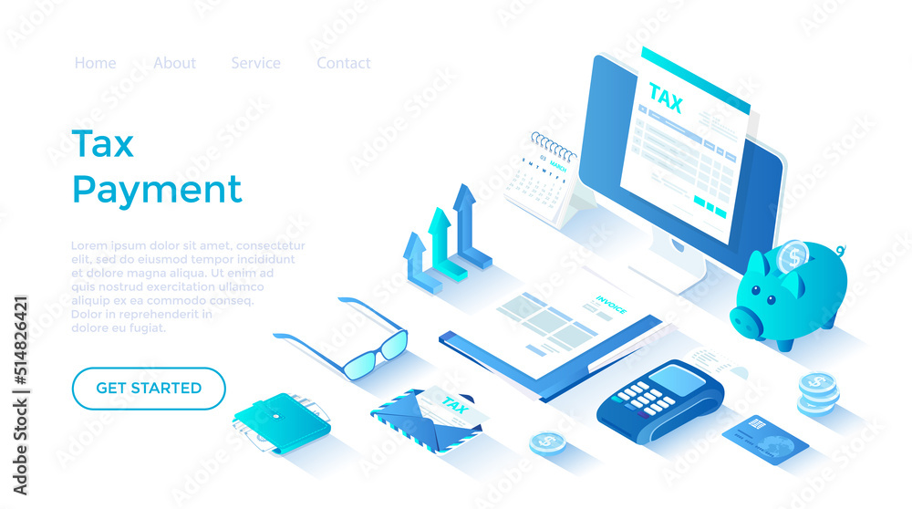 Online tax payment service. Taxation, tax calculation. Tax form on the monitor, documents, money, credit card, invoice. Isometric illustration. Landing page template for web on white background. Online tax payment service. Taxation, tax calculation. Tax form on the monitor, documents, money, credit card, invoice. Isometric illustration. Landing page template for web on white background.