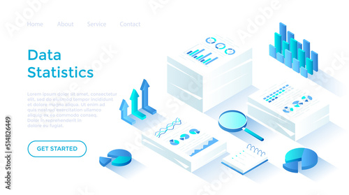 Statistics, document analysis, data collection. Research and information processing. Stacks of documents with graphs, charts. Isometric illustration. Landing page template for web on white background.