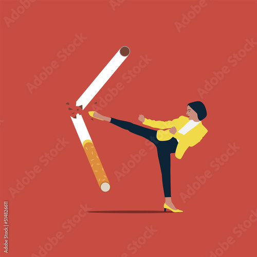 Businesswoman strongly kicking a cigarette while motivating to quit smoking. Healthy lifestyle. photo