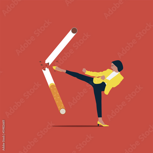 Businesswoman strongly kicking a cigarette while motivating to quit smoking. Healthy lifestyle.