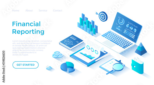 Financial report. Analytics, analysis, audit, results, research. Documents, reports, graphs and charts. Isometric illustration. Landing page template for web on white background.