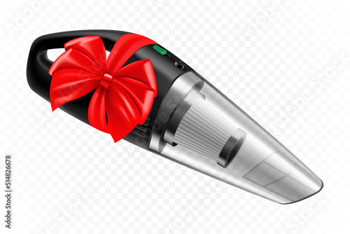 Manual car vacuum cleaner with red ribbon and bow. 3D rendering. Gift concept. Realistic vector illustration isolated on white background