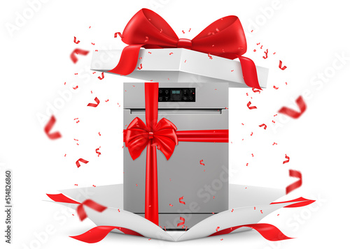 Dishwasher with red ribbon and bow inside open gift box. Gift concept. Kitchen appliances. Isolated 3d vector illustration. 3D rendering.
