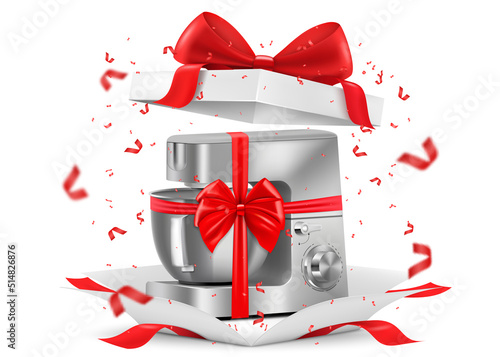 Food processor with red ribbon and bow inside open gift box. Gift concept. Kitchen appliances. Isolated 3d vector illustration. 3D rendering.