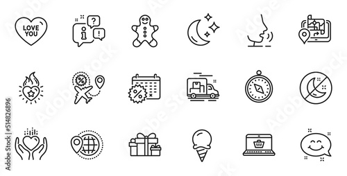 Outline set of Online shopping, Smile chat and Calendar discounts line icons for web application. Talk, information, delivery truck outline icon. Vector