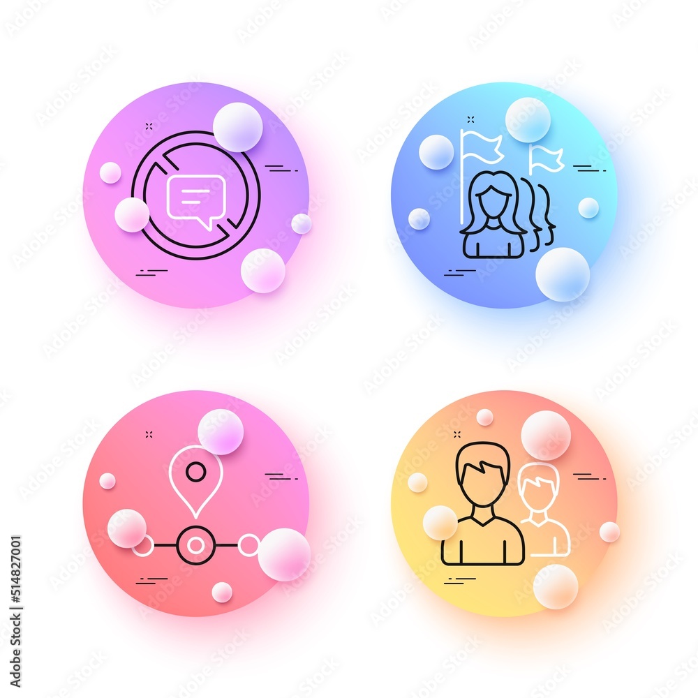 Couple, Feminism and Station minimal line icons. 3d spheres or balls buttons. Stop talking icons. For web, application, printing. Two male users, Women protest, Transit location. Do not talk. Vector Couple, Feminism and Station minimal line icons. 3d spheres or balls buttons. Stop talking icons. For web, application, printing. Two male users, Women protest, Transit location. Do not talk. Vector