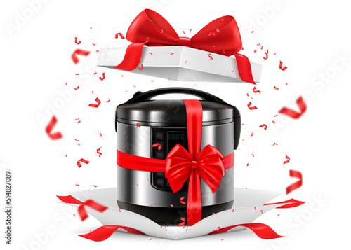 Multicooker with red ribbon and bow inside open gift box. Gift concept. Kitchen appliances. Isolated 3d vector illustration. 3D rendering.