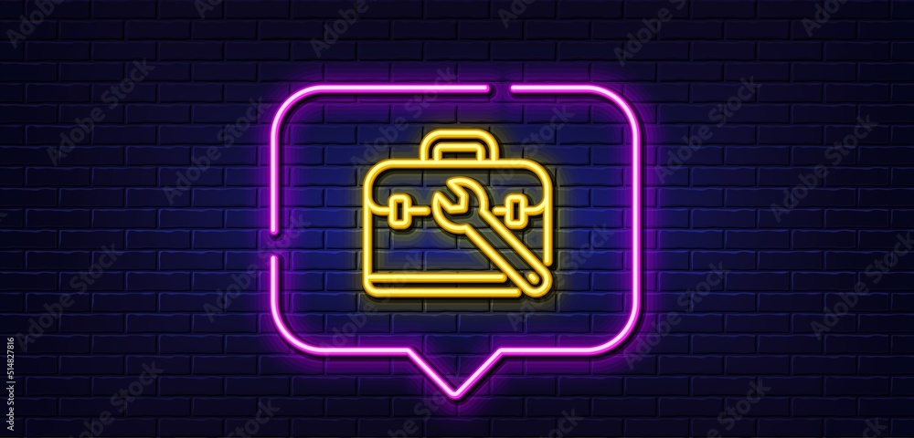 Neon light speech bubble. Spanner tool line icon. Repair tool case sign. Fix instruments symbol. Neon light background. Tool case glow line. Brick wall banner. Vector Neon light speech bubble. Spanner tool line icon. Repair tool case sign. Fix instruments symbol. Neon light background. Tool case glow line. Brick wall banner. Vector