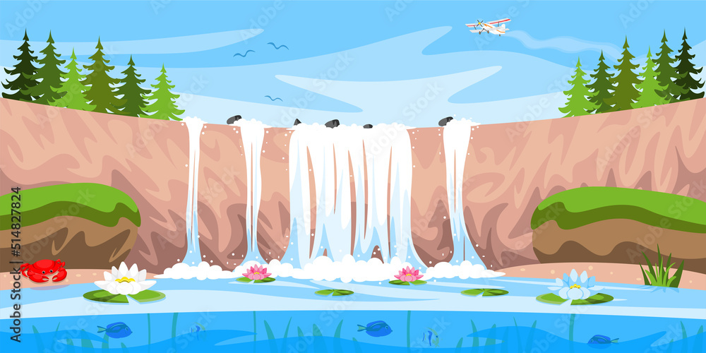 Vector illustration of a beautiful summer waterfall. Cartoon forest landscape with waterfall, lake, lilies, fishes, crabs, airplane.