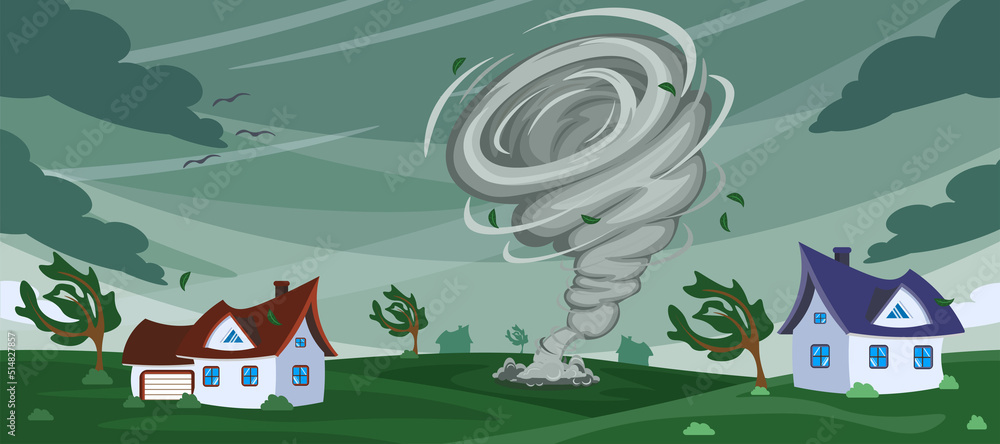 Vector illustration of natural disaster. Cartoon landscape with a tornado that destroys the city and trees. Stock Vector | Adobe Stock Vector illustration of natural disaster. Cartoon landscape with a tornado that destroys the city and trees. Stock Vector | Adobe Stock