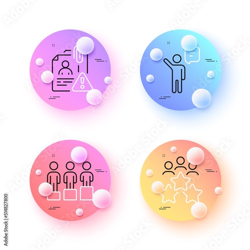 Equity, Business meeting and Agent minimal line icons. 3d spheres or balls buttons. Search employee icons. For web, application, printing. Social equality, Rating star, Business person. Vector