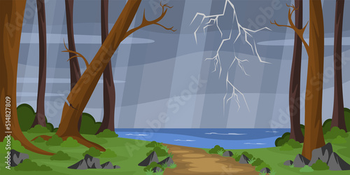Vector illustration of a beautiful formidable forest. Cartoon forest landscape with storm,rain, lightning, sea, fallen trees.