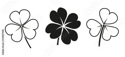 Vector Set of three and four leaves clovers - black icons on white background.
