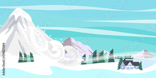 Vector illustration of natural disaster. Cartoon landscape with snow avalanche that descends from the mountains to forests and houses.