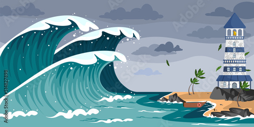 Vector illustration of natural disaster. Cartoon landscape with tsunami that moves to the island with lighthouse and boat.