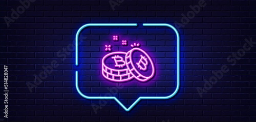 Neon light speech bubble. Bitcoin line icon. Cryptocurrency coin sign. Crypto money symbol. Neon light background. Bitcoin glow line. Brick wall banner. Vector