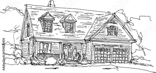 hand drawn architectural sketch of beautiful classic detached village house with garden  and trees