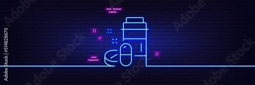 Neon light glow effect. Medical drugs bottle line icon. Medicine pills sign. Pharmacy medication symbol. 3d line neon glow icon. Brick wall banner. Medical drugs outline. Vector