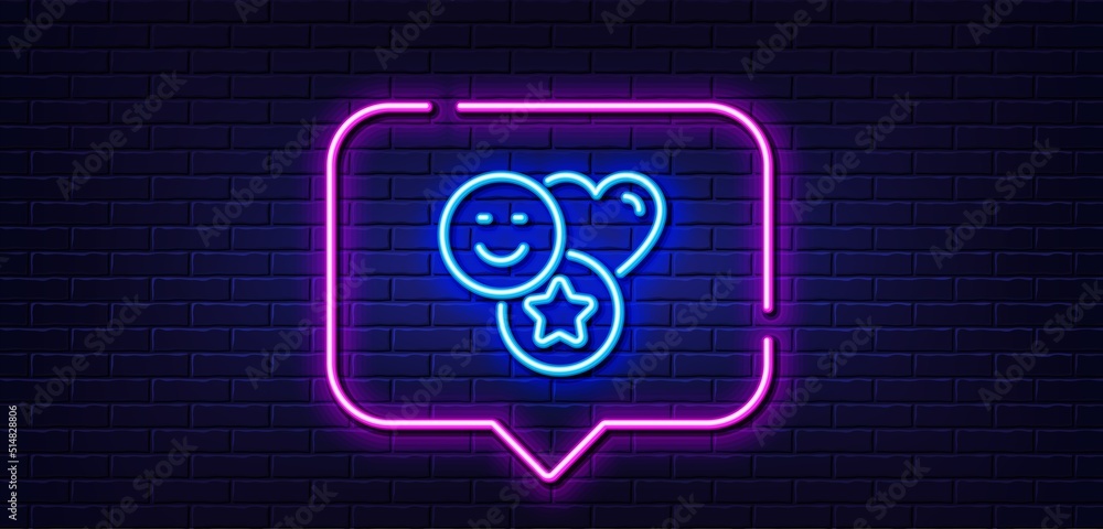 Neon light speech bubble. Social media likes line icon. Heart, star sign. Positive smile feedback symbol. Neon light background. Smile glow line. Brick wall banner. Vector Neon light speech bubble. Social media likes line icon. Heart, star sign. Positive smile feedback symbol. Neon light background. Smile glow line. Brick wall banner. Vector