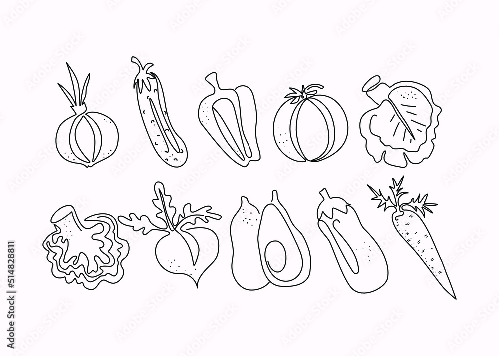 Set of line art vegetables and hand drawn lettering. Vector illustration. Isolated background.