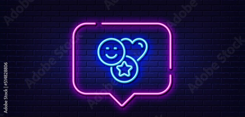 Neon light speech bubble. Social media likes line icon. Heart, star sign. Positive smile feedback symbol. Neon light background. Smile glow line. Brick wall banner. Vector