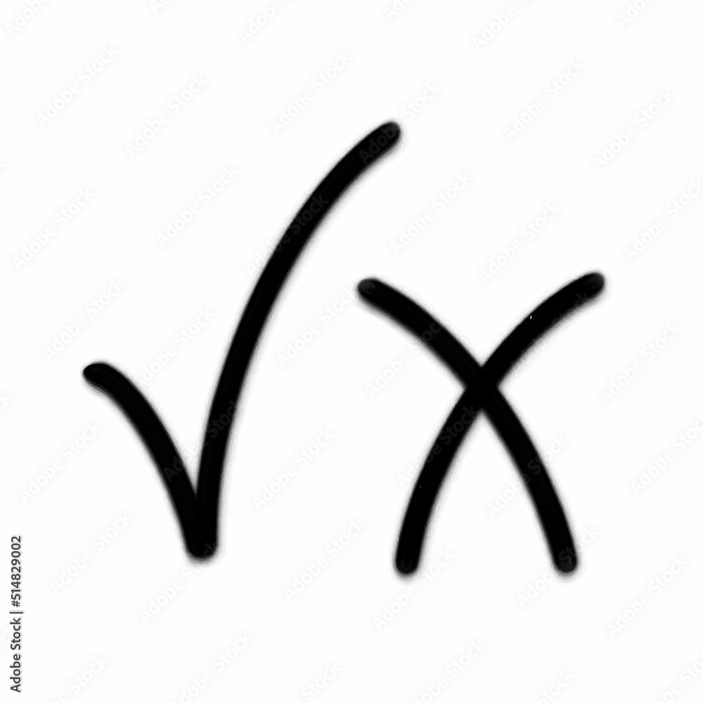 Right and wrong icons. hand drawn by brushpen sings. Isolated on white background. Vector illustration. Right and wrong icons. hand drawn by brushpen sings. Isolated on white background. Vector illustration.