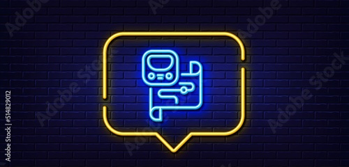 Neon light speech bubble. Metro map line icon. Underground subway sign. Train transit location symbol. Neon light background. Metro map glow line. Brick wall banner. Vector