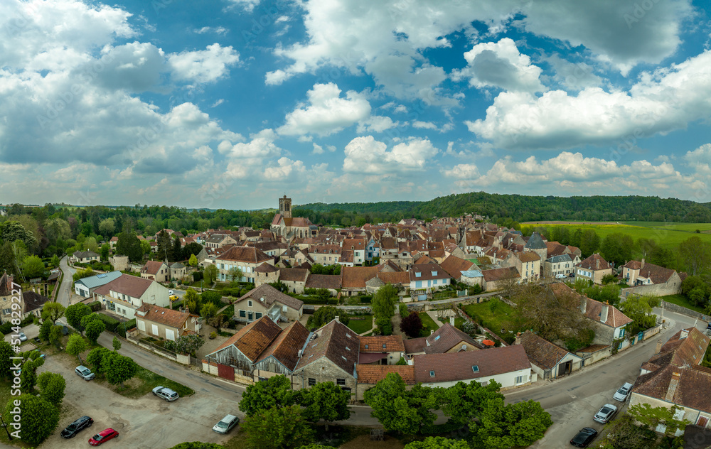 Aerial view of Noyers village in the pretty setting of the Chablis countryside on the banks of the River Serein a real-life history book With the cobbled streets lined with half-timbered houses 