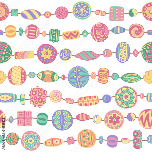 Beads strung on a string, garland, boho style set. Seamless pattern of handmade ethnic beads on a white background. Doodle vector illustration.
