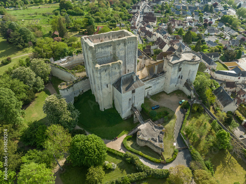 Leinwand Poster Aerial view of the ancient feudal stronghold of Loches castle with Norman style